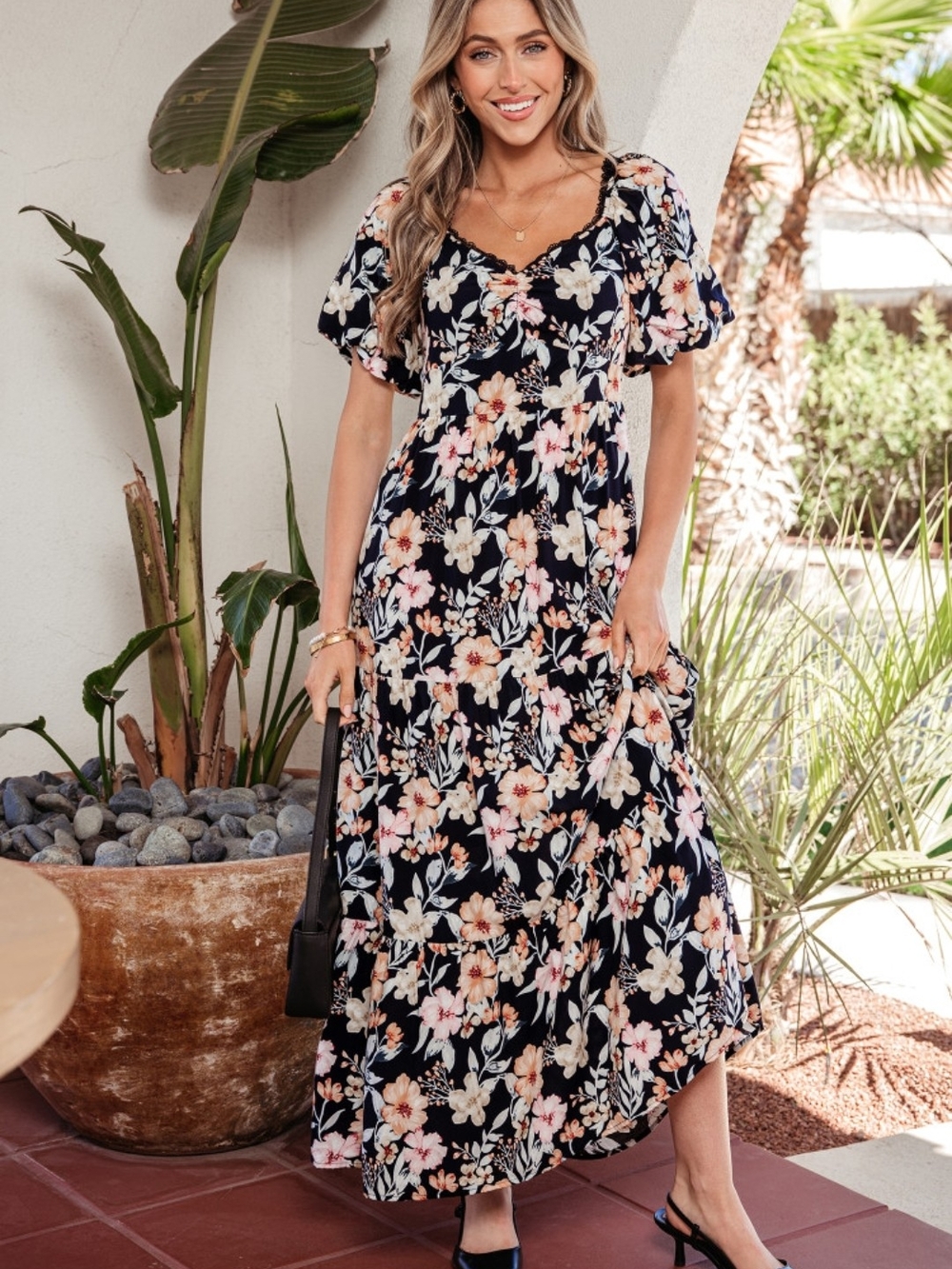 Floral V-Neck Maxi Dress - Black/Pink